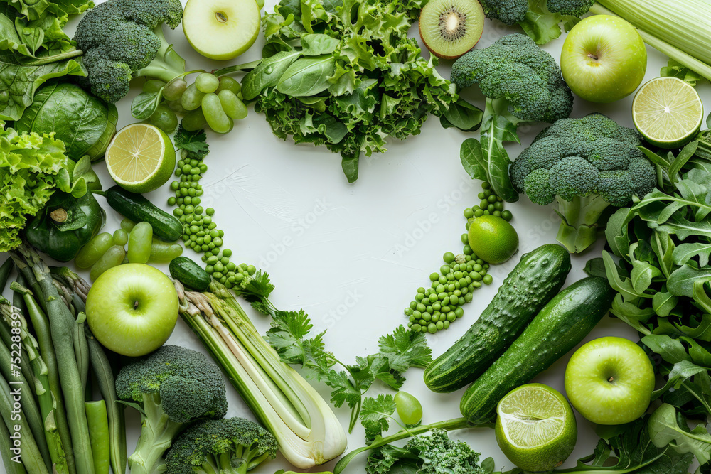 Poster A heart-shaped sculpture crafted entirely from an array of colorful and vibrant fruits and vegetables, showcasing natures bounty in a delicious and creative way