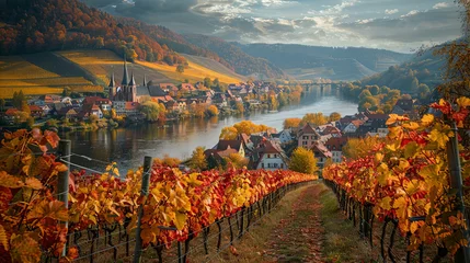Foto auf Acrylglas A serene town nestled beside a flowing river, surrounded by lush vineyards. The sun sets, casting a warm glow over the picturesque scene © nnattalli