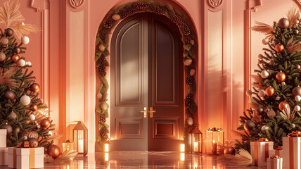 A mesmerizing 8K rendering of 3D double doors featuring Christmas lanterns and obsidian detailing,...