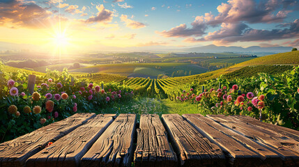 A weathered wooden table is peacefully nestled in front of a vast, vibrant green vineyard field, creating a serene and picturesque scene