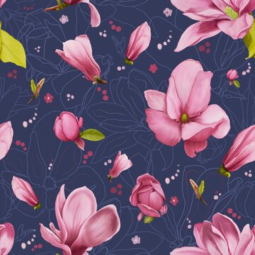 Watercolor pattern with magnolia flowers on dark background