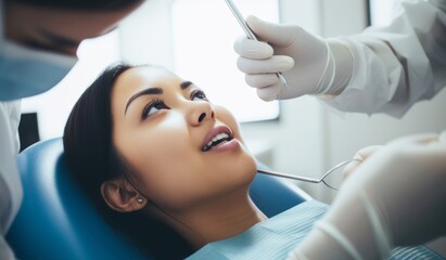 Fototapeta premium Happy woman getting dental checkup at dentistry. Dentist using dental equipment for examination of teeth of a female patient. Generative AI.
