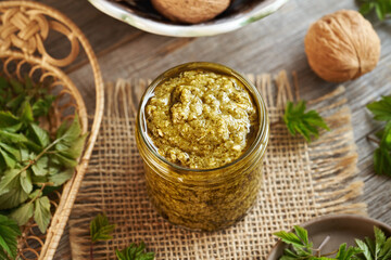 Green pesto sauce made of goutweed or ground elder leaves in spring