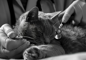 Professional veterinarian examining a beautiful cat in a modern veterinary clinic