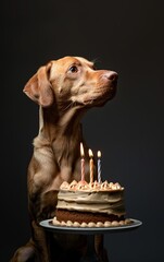 Adorable dog looking at a cake with a lit candle