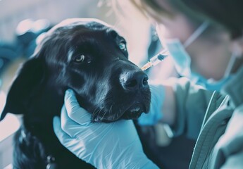 A professional veterinarian examines a dog in a well-equipped clinic, providing medical care and medical support to pets