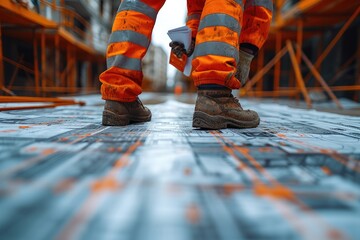 legs wearing safety shoe of the worker or engineering step on the walkway, legs of a construction worker in uniform on a construction site, tired, upset, job trouble, headache in job - obrazy, fototapety, plakaty