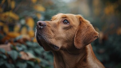 An intimate portrait focusing on the warm, soulful eyes of a golden dog, surrounded by autumn leaves