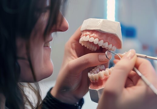 Professional dental technician working on detailed shape of human teeth, precision and skills in dentistry