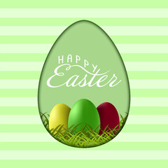 Easter background with Easter eggs on green grass and Happy Easter wishes. Vector illustration