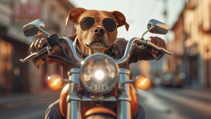 A tough-looking dog channels a no-nonsense attitude on a motorbike, with sharp shades and the city behind