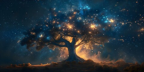 Mysterious Tree and Celestial Dance: Crafting an Ethereal Atmosphere. Concept Mysterious Tree, Celestial Dance, Ethereal Atmosphere, Nature Photography, Magical Setting - obrazy, fototapety, plakaty