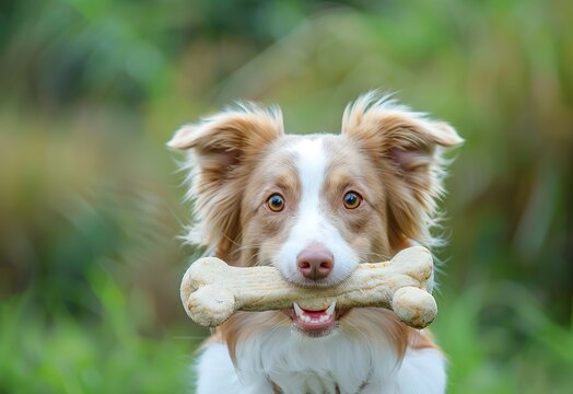 A playful dog with a bone in his mouth, captured in a beautiful setting - the perfect shot for pet lovers and nature lovers