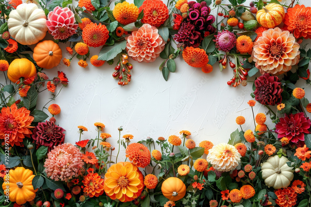 Poster a diverse assortment of vibrant flowers arranged artistically on a wall, creating a stunning visual 
