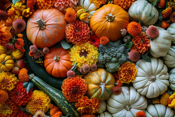 Obraz na płótnie Canvas Various types of pumpkins and a colorful assortment of flowers arranged in a vibrant and charming display