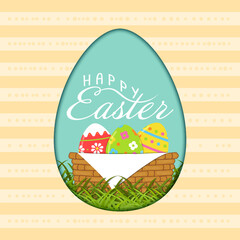 Easter background with Easter eggs in basket and Happy Easter wishes. Vector illustration