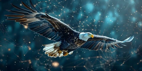 Obraz premium Majestic bald eagle soars amidst digital clouds in advanced technology concept. Concept Nature, Wildlife, Bald Eagle, Technology, Digital Clouds