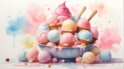 Take a creative trip through the whimsical world of ice cream, where scoops of cotton candy and sprinkles of magic come to life in a dreamy, watercolor-inspired rendering.