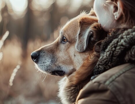 Tender moment: hugging a dog and a person in nature