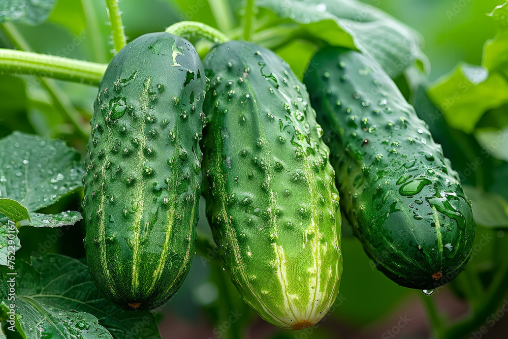 Poster a vibrant cluster of cucumbers bursting forth from the lush green vines of a sprawling plant, baskin