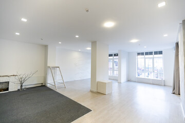 Bright empty office interior, white large office space.