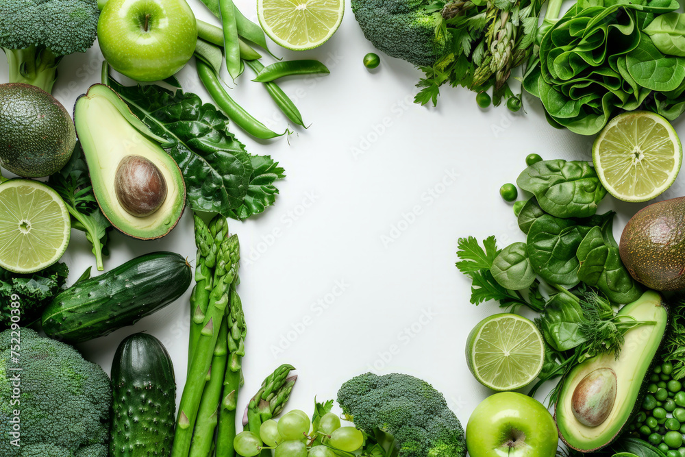 Poster a white table is filled with an abundance of fresh green fruits and vegetables, creating a vibrant a