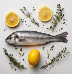 a fish and lemons on a white surface