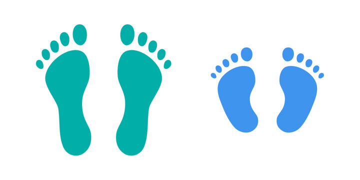 Human step footprints vector isolated set on white background. Children's and adults footprints of barefoot person. Human feet.