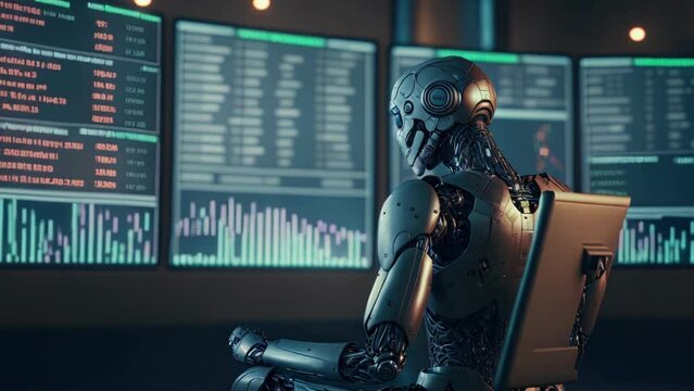 Artificial Intelligence is employed in trading on candlestick charts, on a computer's display. AI trading bot concept of predictive algorithms and machine learning to trade shares on stock markets