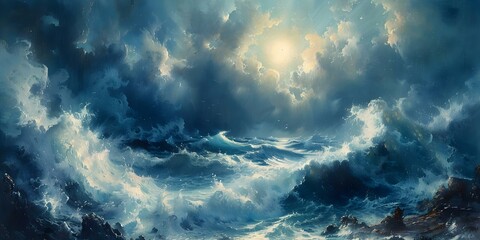 Stormy Oil Painting: Where Powerful Sea Waves Collide with Jagged Rocks. Concept Oil Painting, Stormy Seas, Powerful Waves, Jagged Rocks, Nature Art