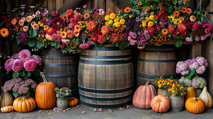 A variety of colorful flowers tightly packed inside a rustic wooden barrel, creating a vibrant and inviting display