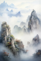 Fairytale painting of a misty valley.