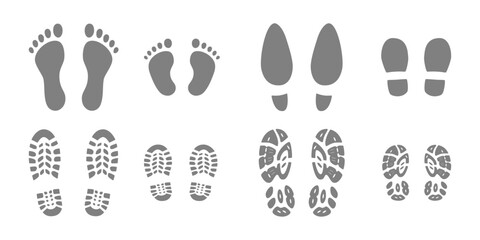 Human step footprints vector isolated set on white background. Female, male and children's footprints of person in boots and barefoot. Human feet.