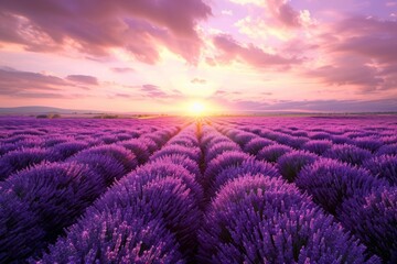 Naklejka premium Lavender field at sunset