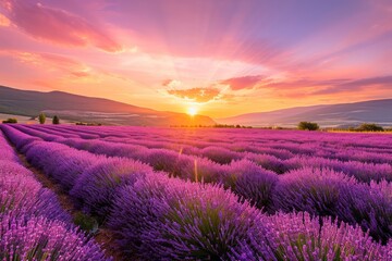 Naklejka premium Lavender field at sunset