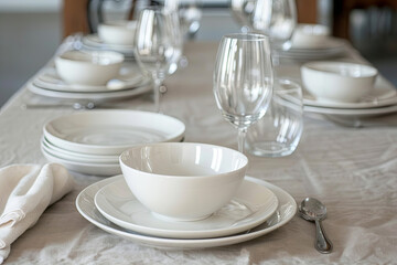 Fototapeta na wymiar Dinner set consisting of deep bowls, dinner plates, side plates and glasses
