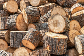 Round cut pine tree pieces pile for country road paving outdoors. Natural wooden material for construction site. Lumber supplies heap closeup - 752290982