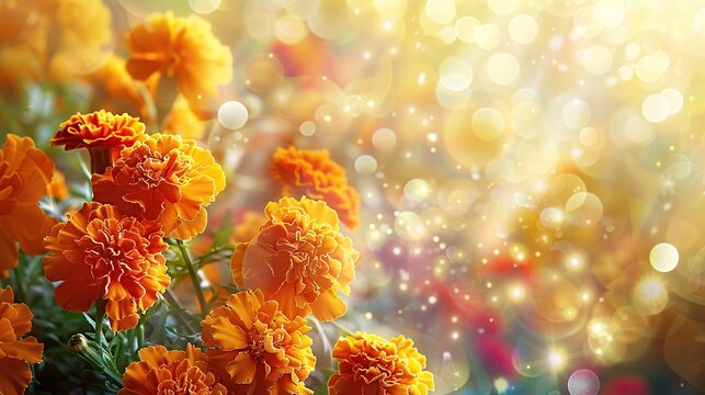 Cheerful marigold blooms illuminated by soft bokeh lights, radiating vibrant hues and joyous energy.