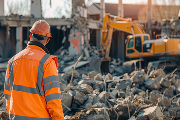 Demolition man. Worker foreman inspector builder at demolition building area. excavator machine at destroying works on construction site
