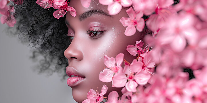 Portrait of a beautiful African American girl on a pink background with spring cherry blossoms. Banner, card for product presentation with place for text. Women's Day
