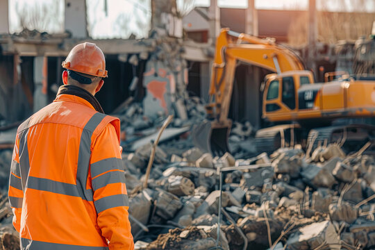 Demolition man. Worker foreman inspector builder at demolition building area. excavator machine at destroying works on construction site