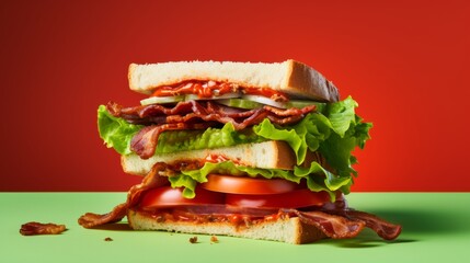 A delicious bacon, lettuce, and tomato sandwich on a vibrant green surface