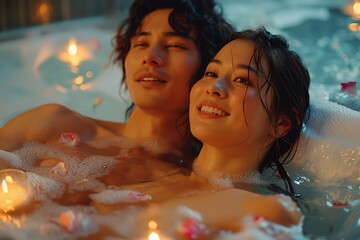 Asian couple togetherness happy time in swimming pool at night time, Generative Ai