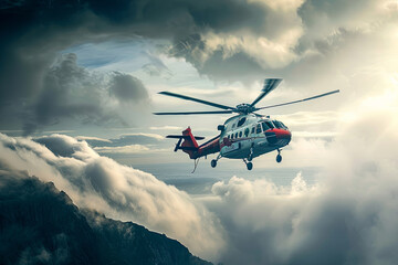 Rescue helicopter in the clouds