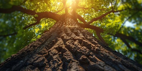 Naklejka premium Majestic Tree Thriving in Sunlight with Abundant Foliage. Concept Tree Photography, Sunlit Scenery, Nature Portraits, Green Foliage, Majestic Landscapes