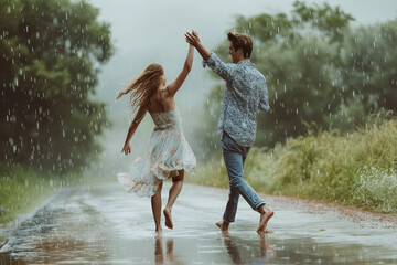 Happy young couple dancing in rain on warm romantic day in tranquil countryside