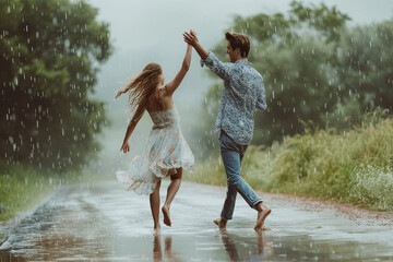 Happy young couple dancing in rain on warm romantic day in tranquil countryside © Fabio