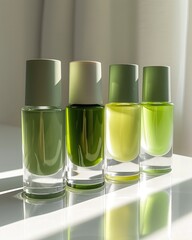 A collection of nail polish bottles, showing a gradient from light green to dark green, reflecting the fresh, revitalizing spirit of springtime foliage