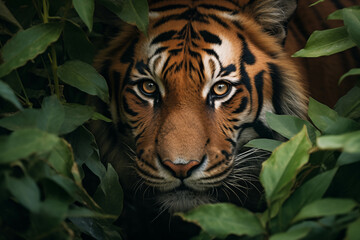 Fototapeta premium A tiger poking its head out of the overgrown forest, only its face visible.