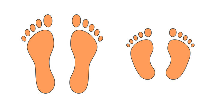 Human step footprints vector isolated set on white background. Children's and adults footprints of barefoot person. Human feet.